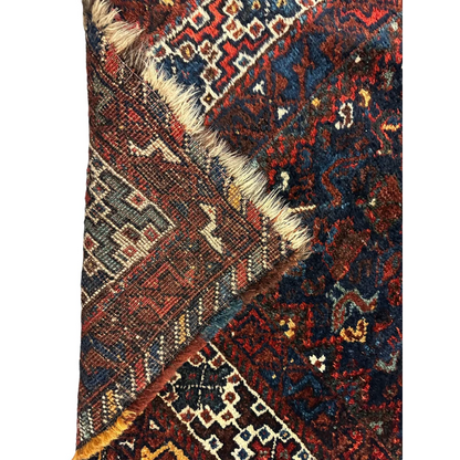 Stunning antique Persian Khamseh rug with red, navy, cream motifs