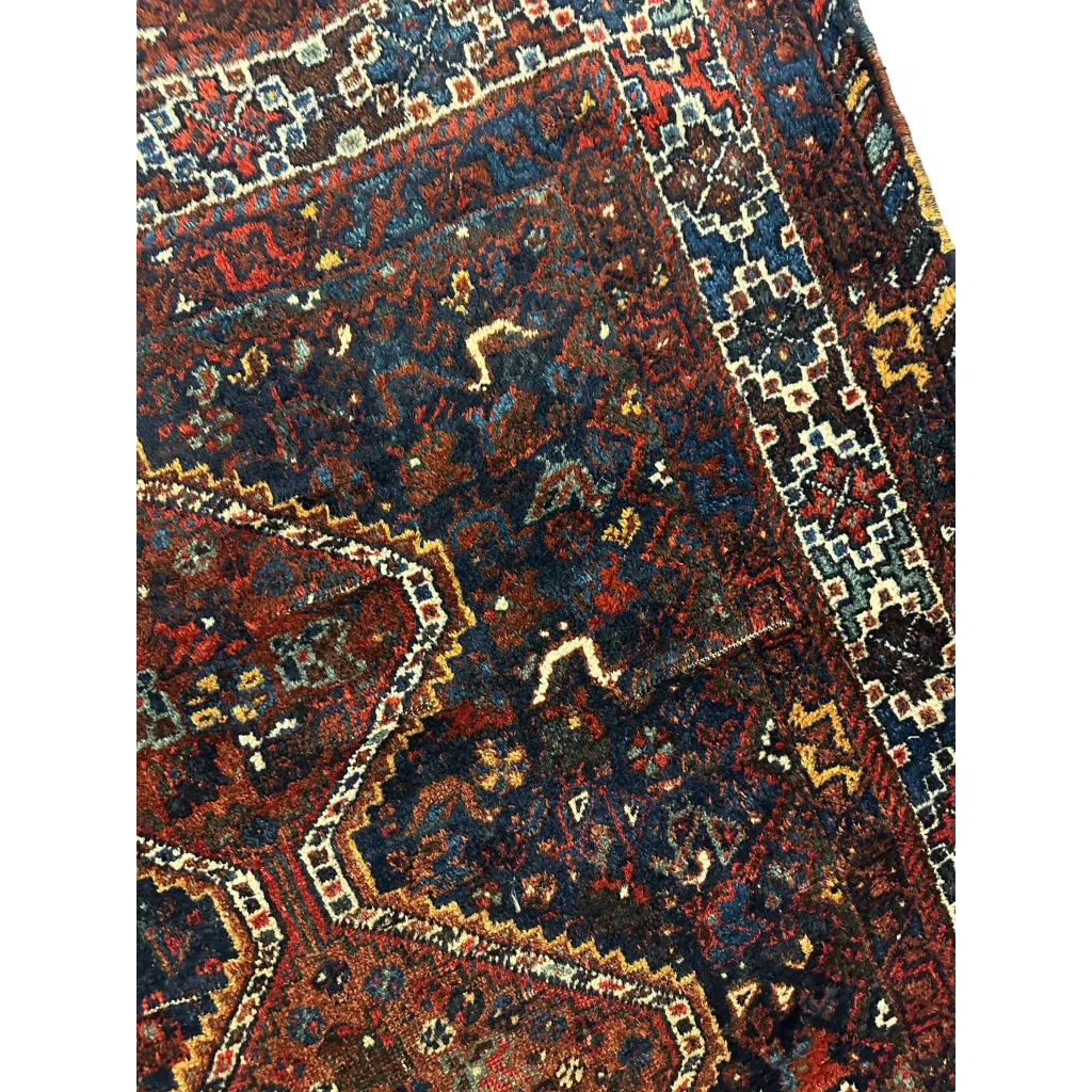 Stunning 1920s antique Persian Khamseh rug in burgundy navy gold
