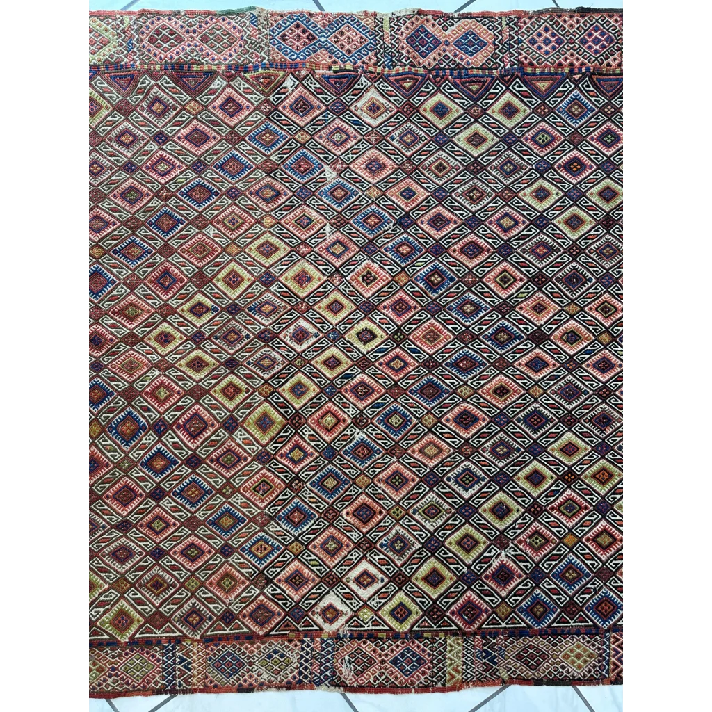 Stunning antique Turkish Jajim wool rug with diamond patterns in burgundy, blue, cream