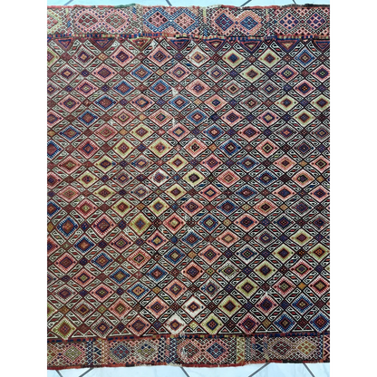 Stunning antique Turkish Jajim wool rug with diamond patterns in burgundy, blue, cream