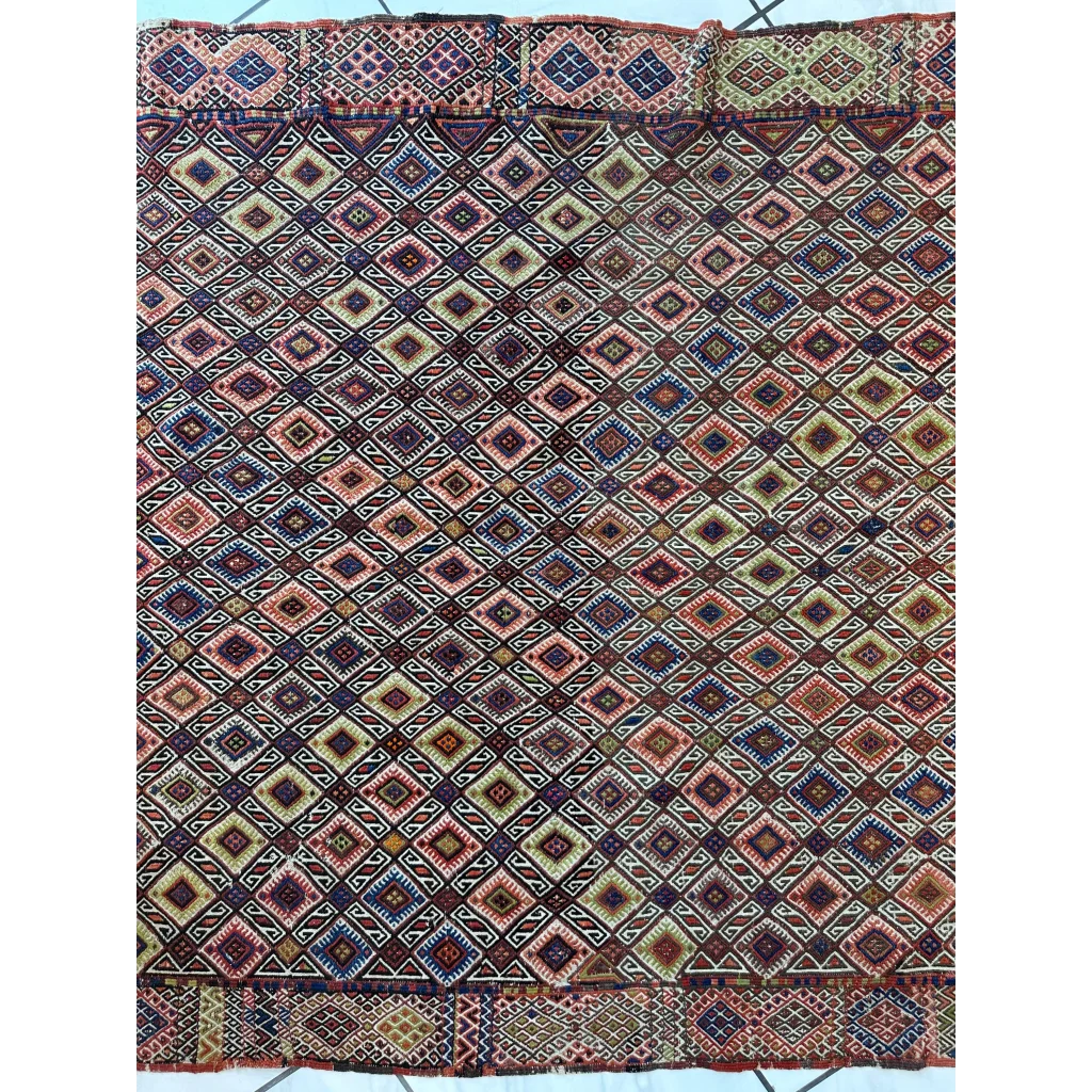 Stunning antique Turkish Jajim wool rug with diamond lattice pattern