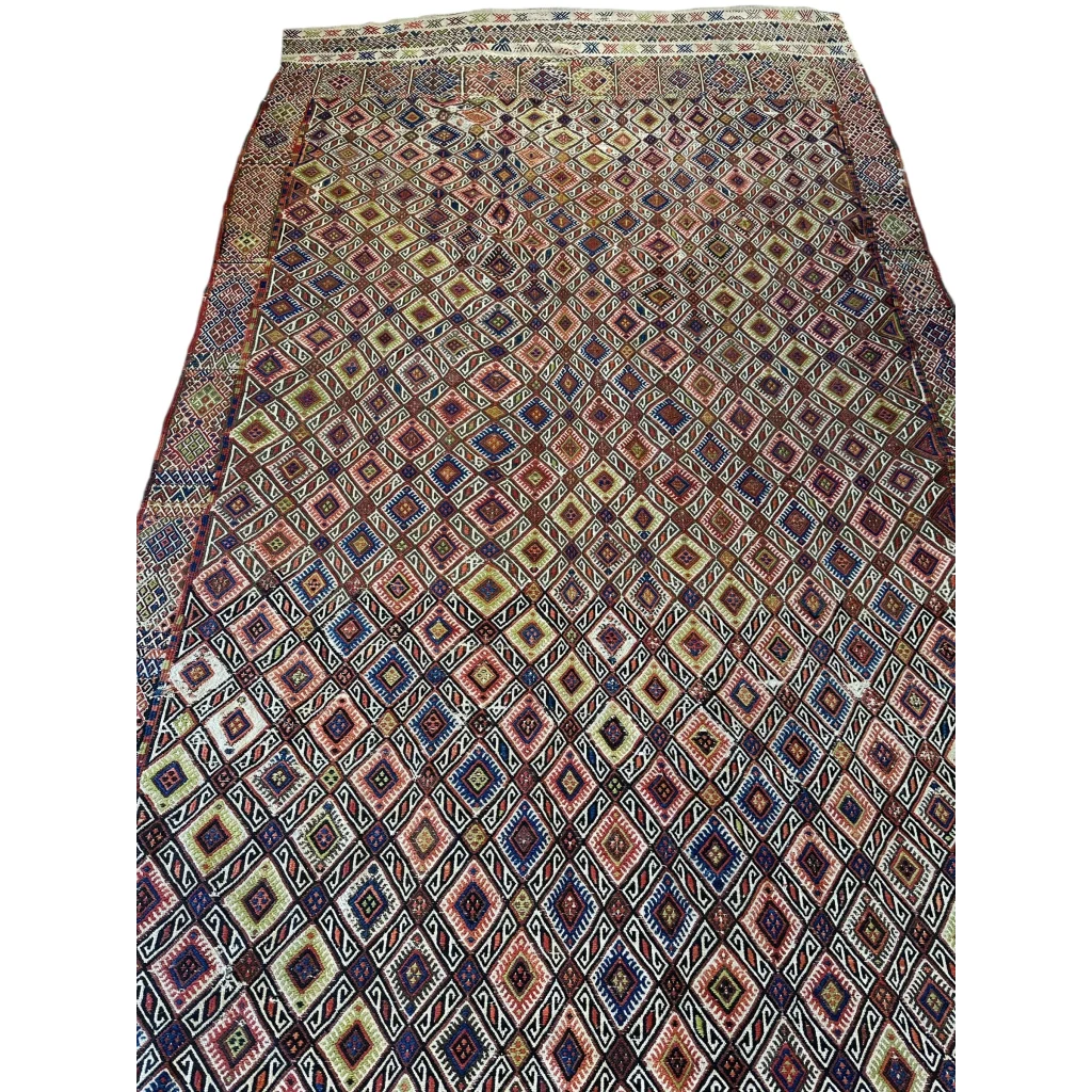 Stunning antique Turkish Jajim wool rug with diamond lattice pattern