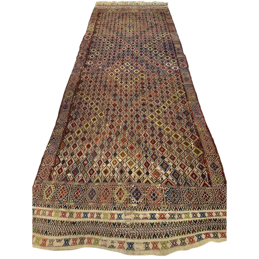 Vintage antique Turkish Jajim wool rug with geometric patterns