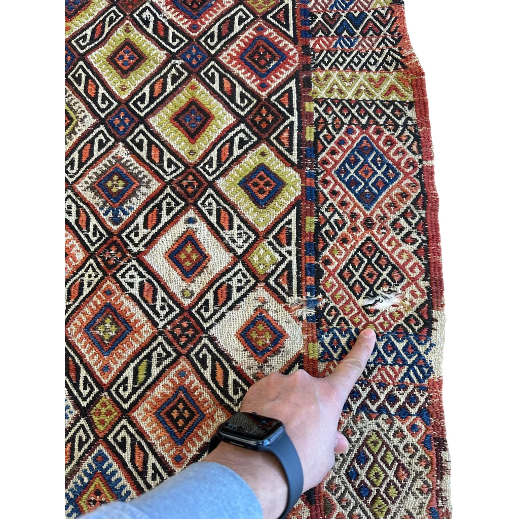 Vibrant antique Turkish Jajim wool rug with geometric patterns in red, blue, beige