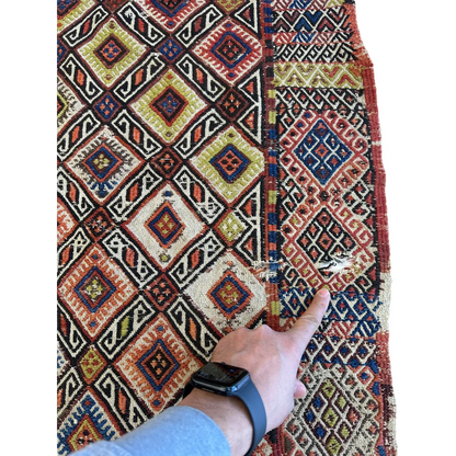 Vibrant antique Turkish Jajim wool rug with geometric patterns in red, blue, beige