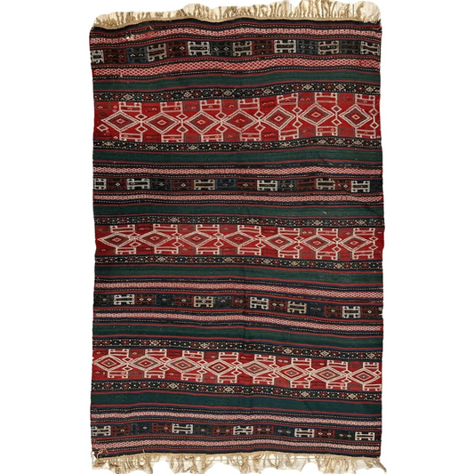 Stunning antique Verneh rug with bold red, green, black stripes and cream geometric patterns