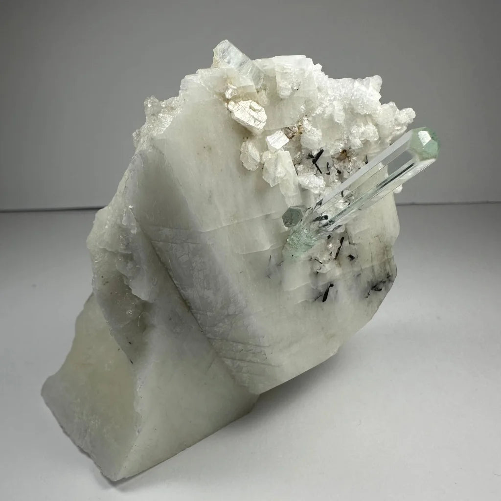 Stunning aquamarine beryl crystal with black tourmaline on albite