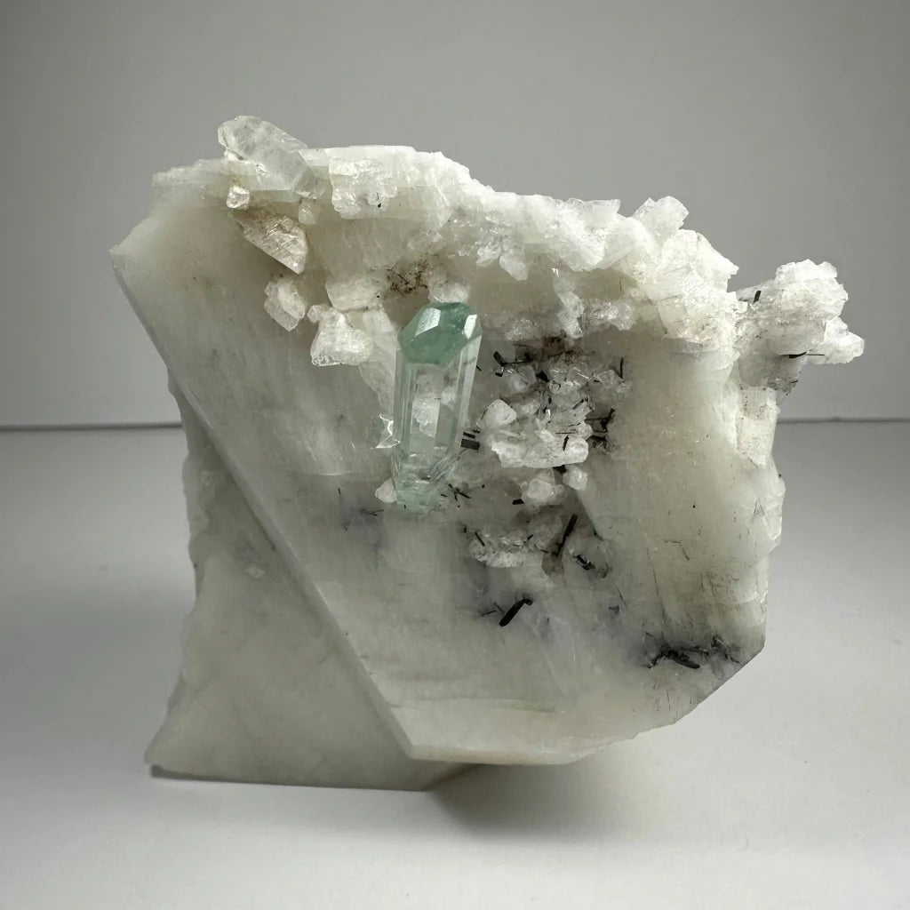 Stunning aquamarine beryl crystal with black tourmaline on albite