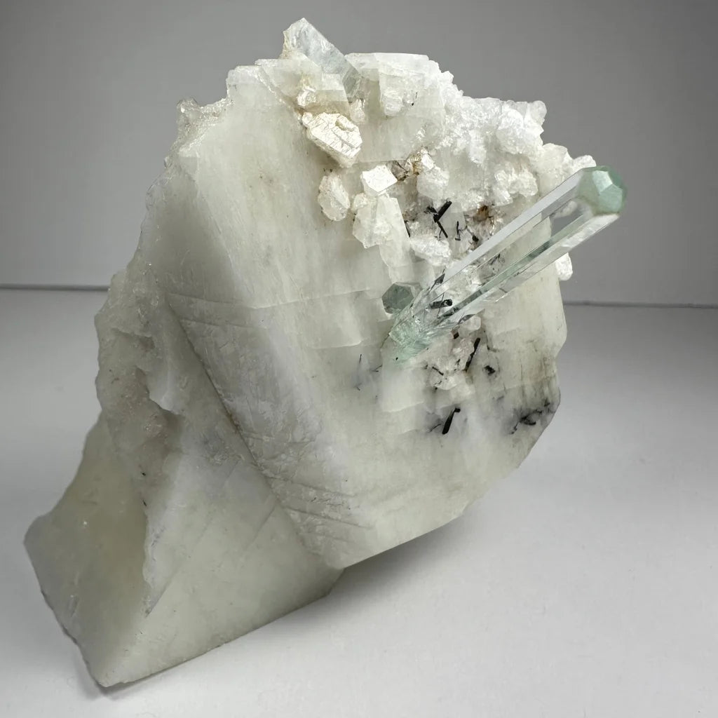 Stunning aquamarine beryl crystal with black tourmaline on albite matrix