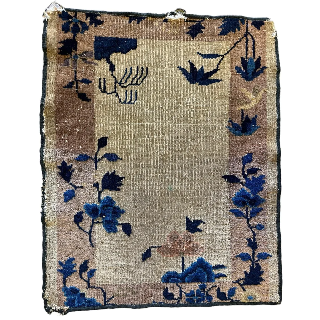 Antique 1910s Chinese Art Deco rug, blue floral bird design on ivory ground, natural wool on cotton