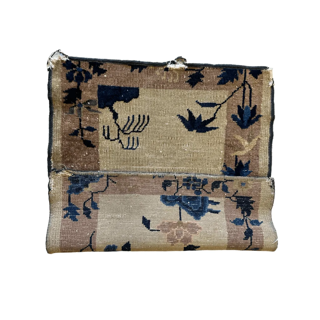 1910s Imperial China Art Deco rug fragment view, blue floral bird pattern detail, natural dyes