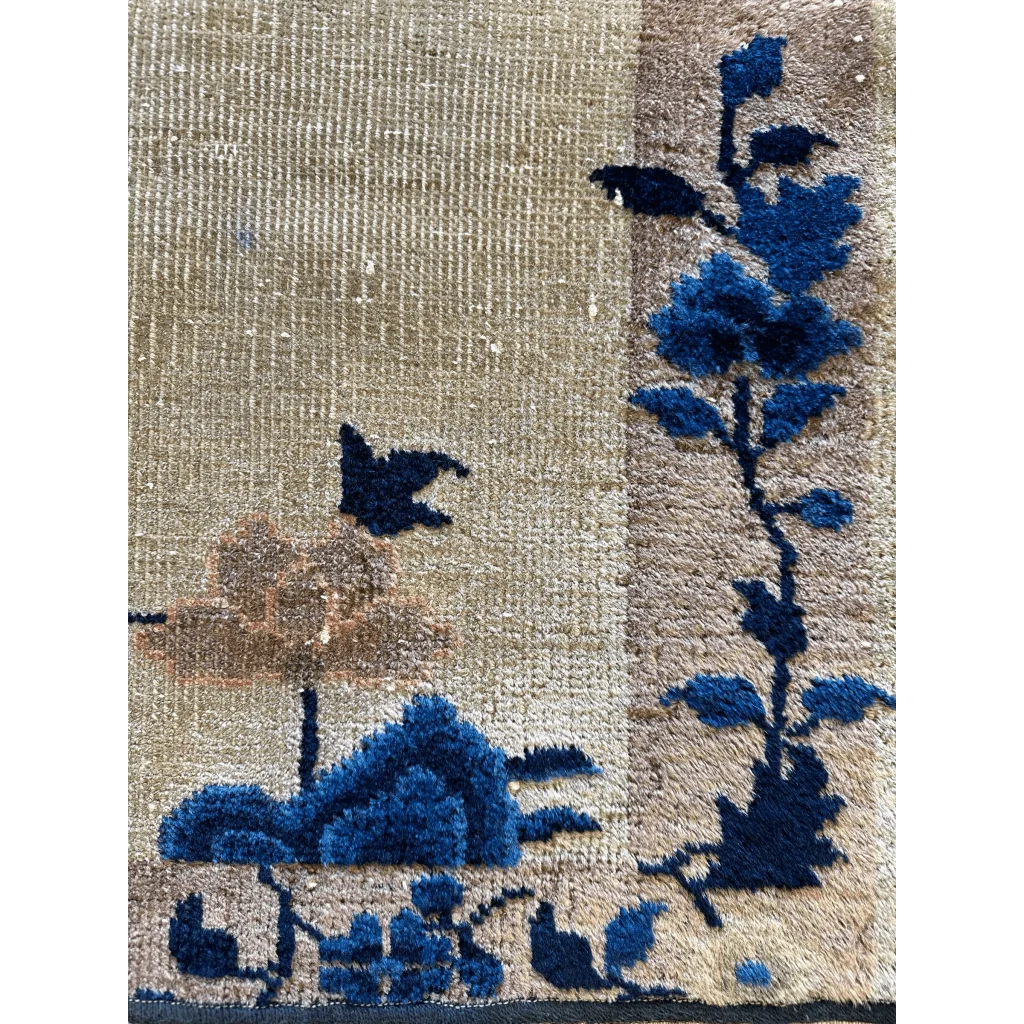 1910s Chinese Art Deco rug Imperial China, full view, beige ground with raised blue floral bird motifs