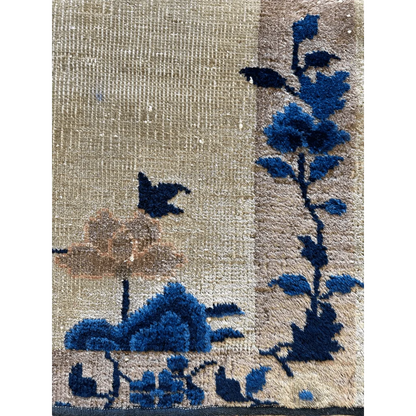 1910s Chinese Art Deco rug Imperial China, full view, beige ground with raised blue floral bird motifs