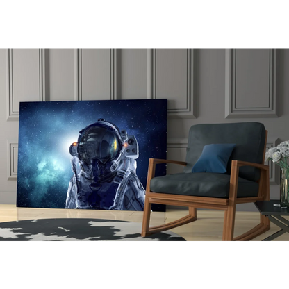 Stunning astronaut glass wall art with cosmic reflections and space suit design