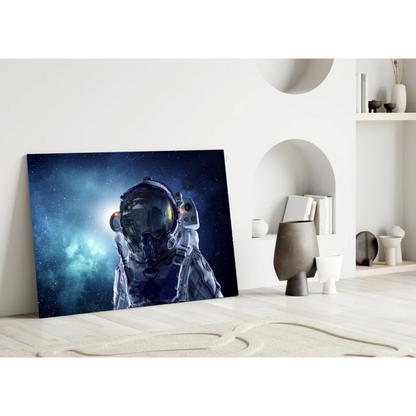 Stunning astronaut glass wall art with cosmic reflections and helmet