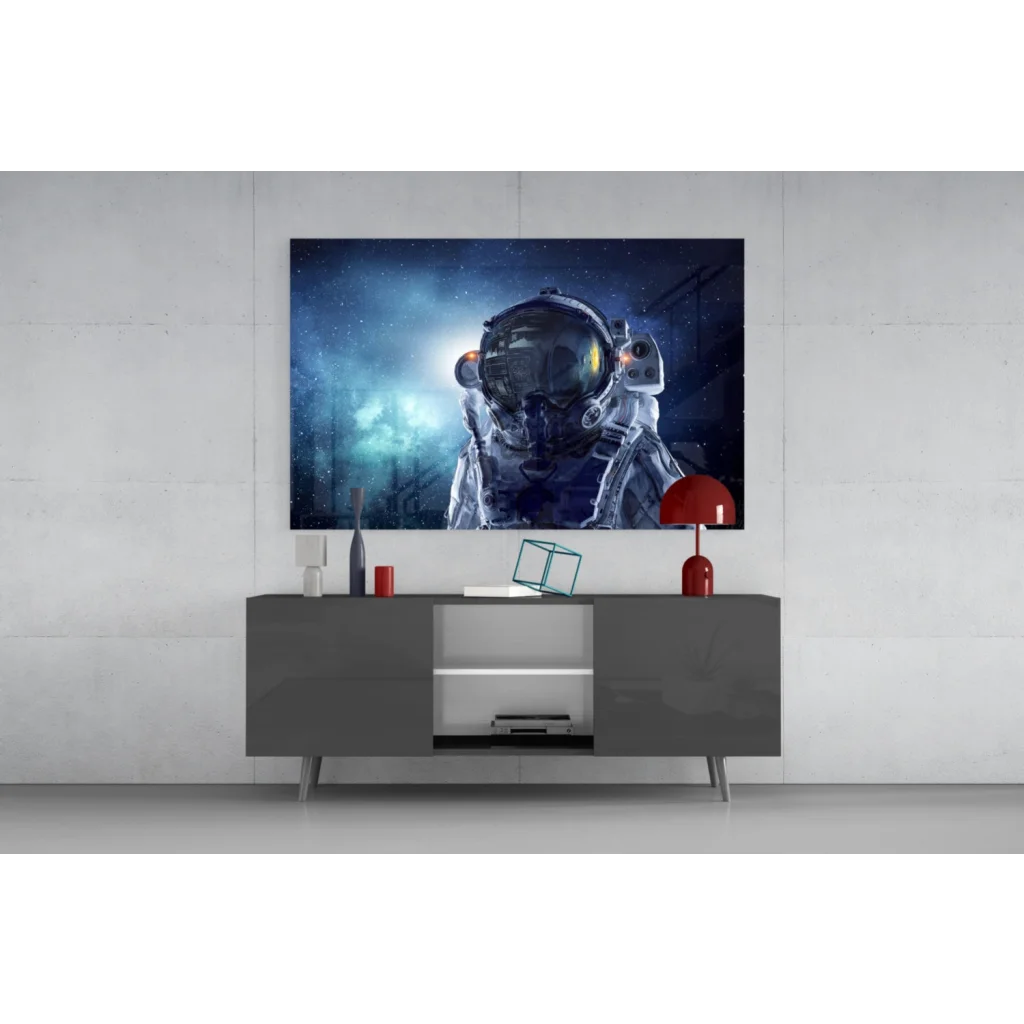 Modern glass wall art of astronaut with cosmic reflections