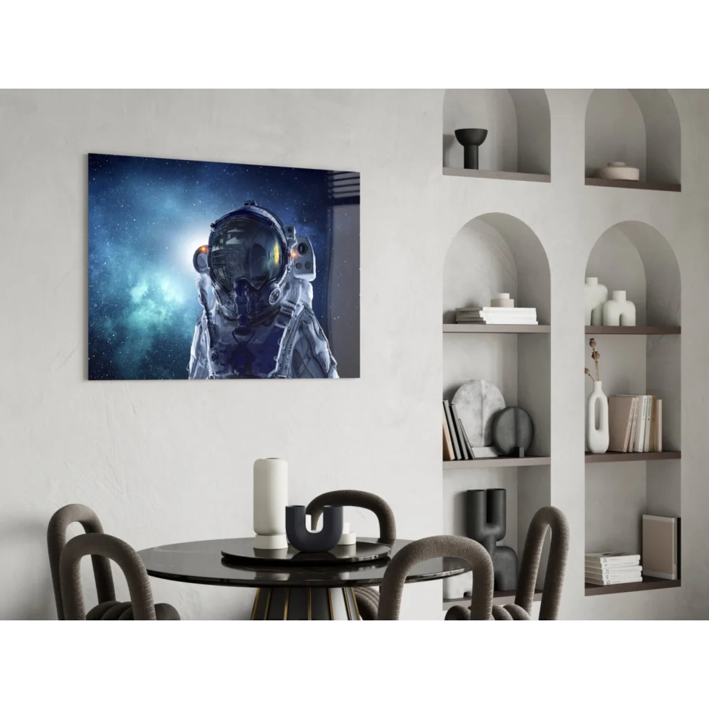 Stunning blue astronaut glass wall art with cosmic reflections
