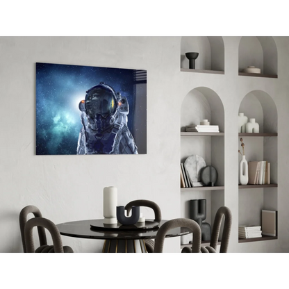 Stunning blue astronaut glass wall art with cosmic reflections