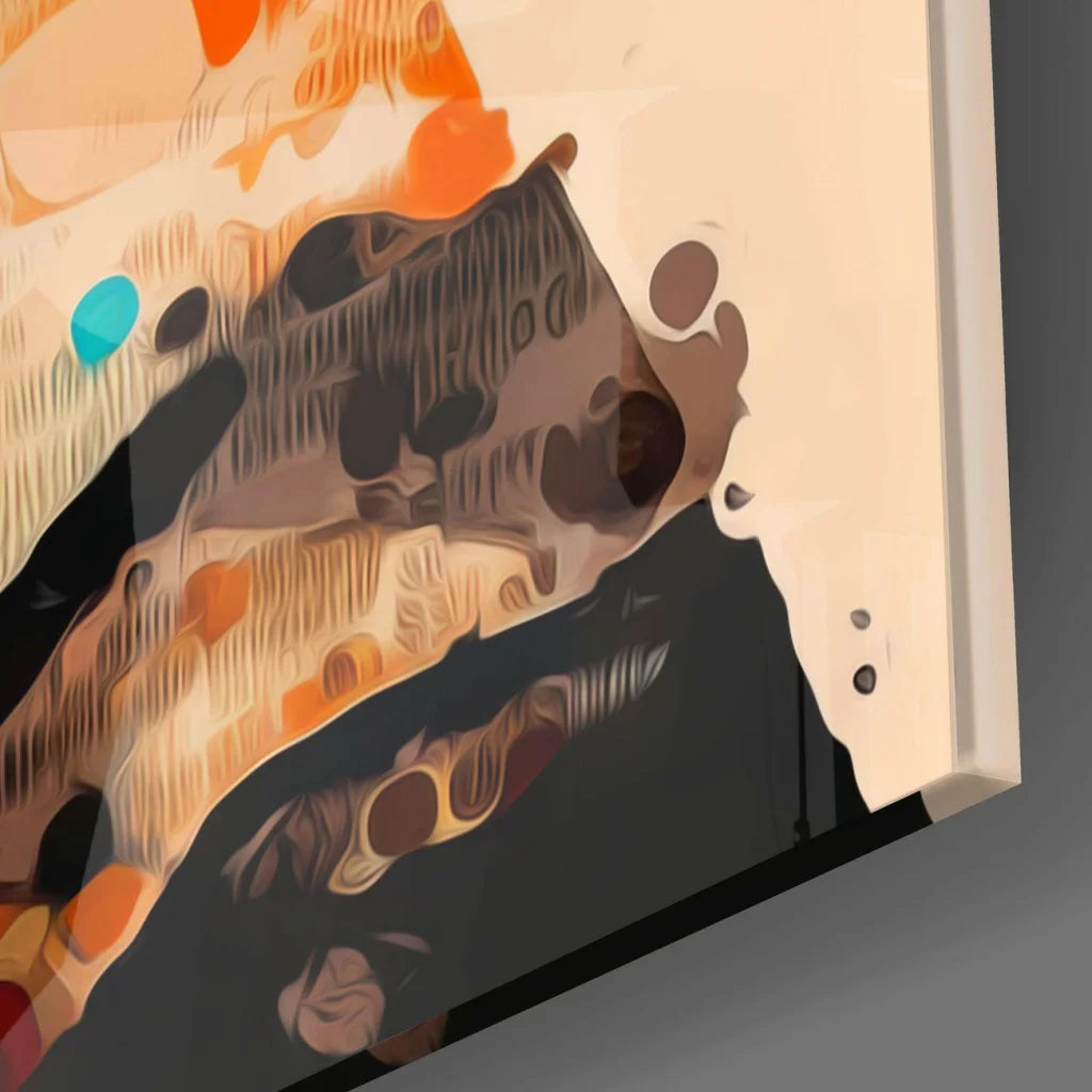 Vibrant Audrey Hepburn glass wall art in orange, blue, brown hues