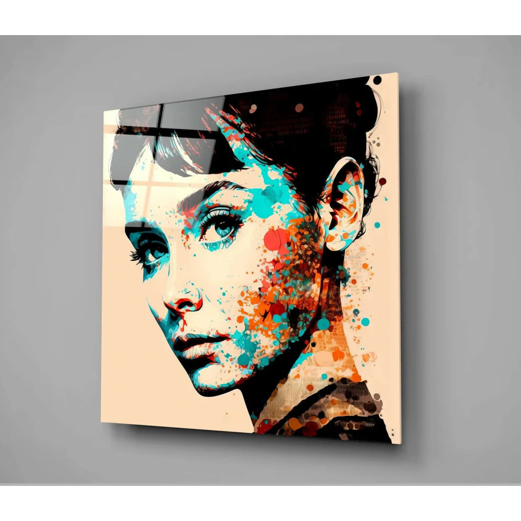 Vibrant watercolor Audrey Hepburn portrait on glass wall art panel
