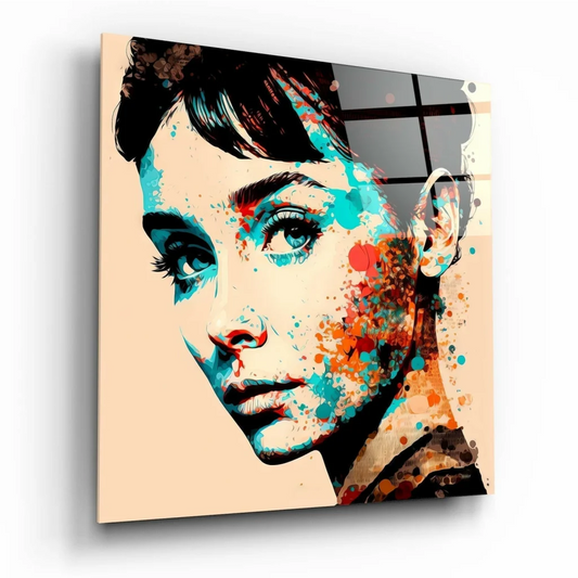 Stunning Audrey Hepburn glass wall art in vibrant watercolors