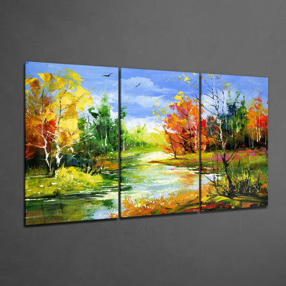 Stunning autumn river glass wall art triptych with vibrant foliage