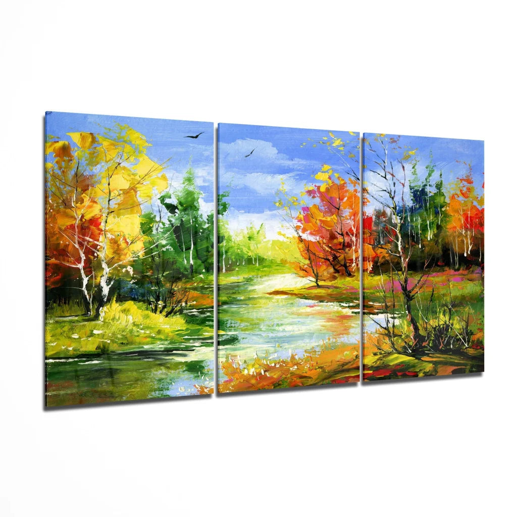 Stunning autumn river glass wall art triptych with vibrant foliage