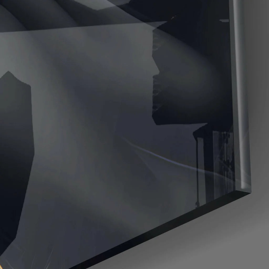 Sleek dark gray reflective glass wall art in stunning Baroque gold portrait design