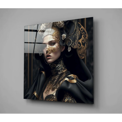 Elegant black and gold ornate glass wall art portrait canvas of masked woman