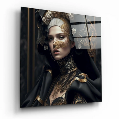 Elegant black and gold baroque glass wall art portrait canvas