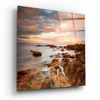 Stunning beach cross glass wall art with vibrant ocean colors