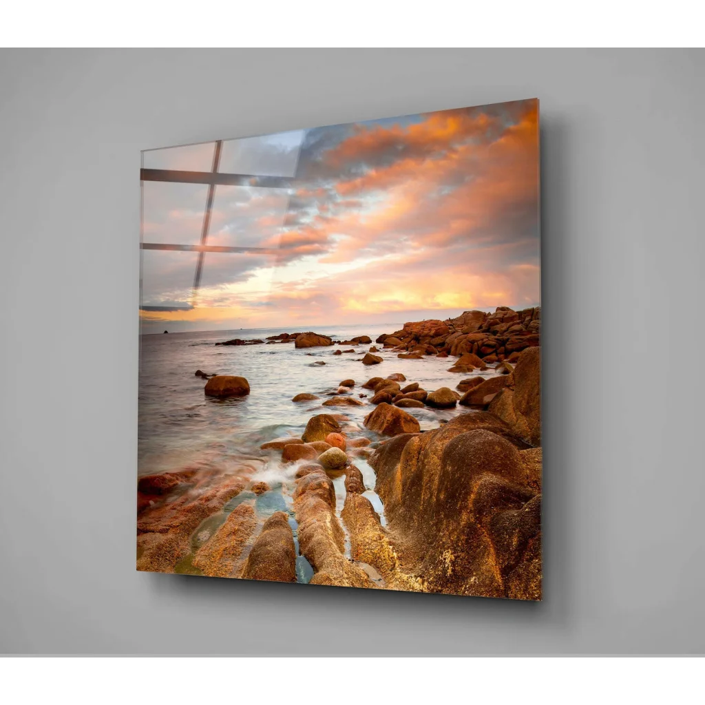 Vibrant beach cross glass wall art in orange blue hues