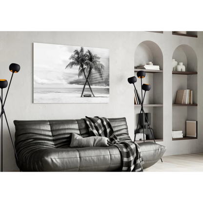 Black and white palm trees beach glass wall art print