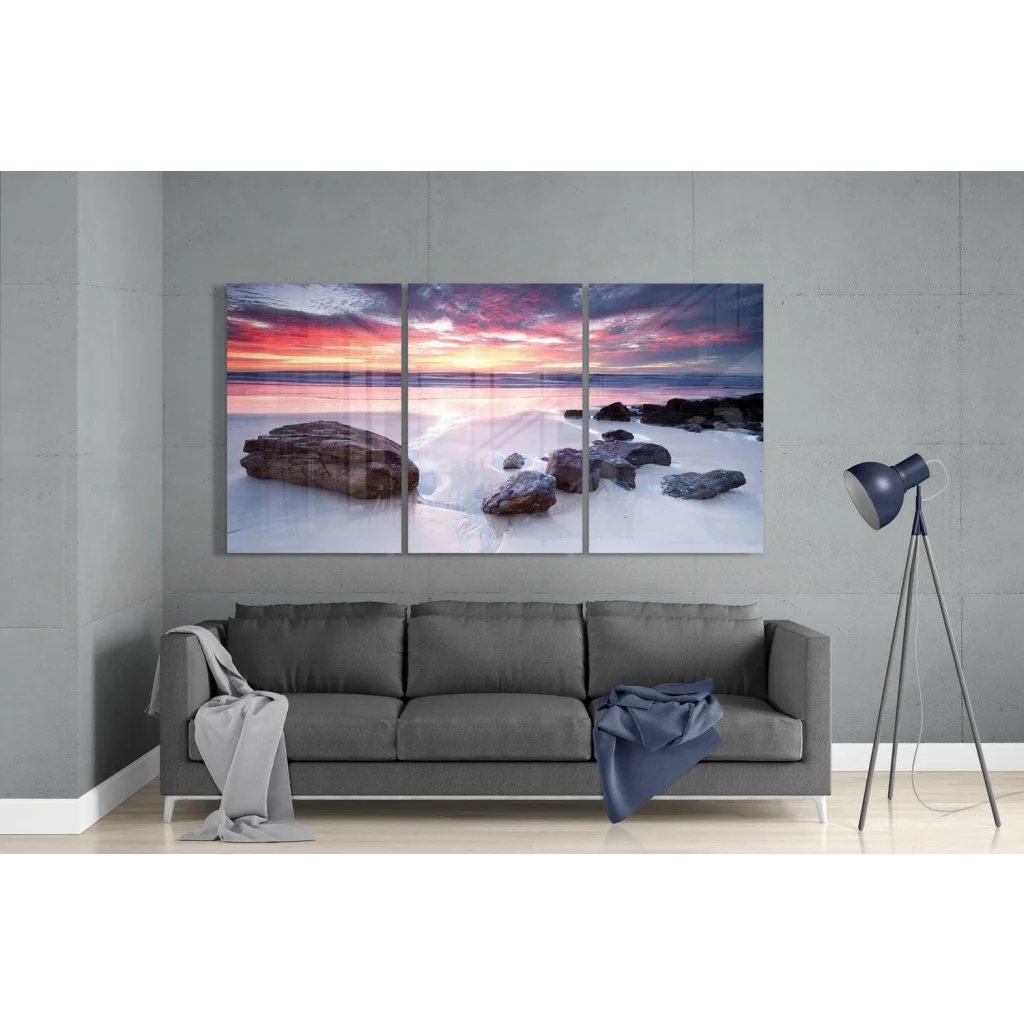 Stunning beach sunset glass wall art triptych canvas print