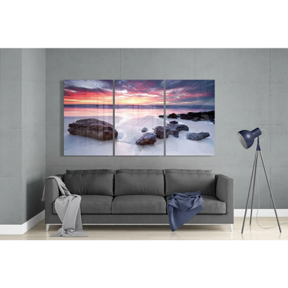 Stunning beach sunset glass wall art triptych canvas print