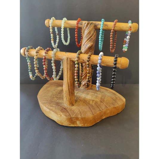 Rustic wood stand displays stunning beaded stone bracelet 6mm gems