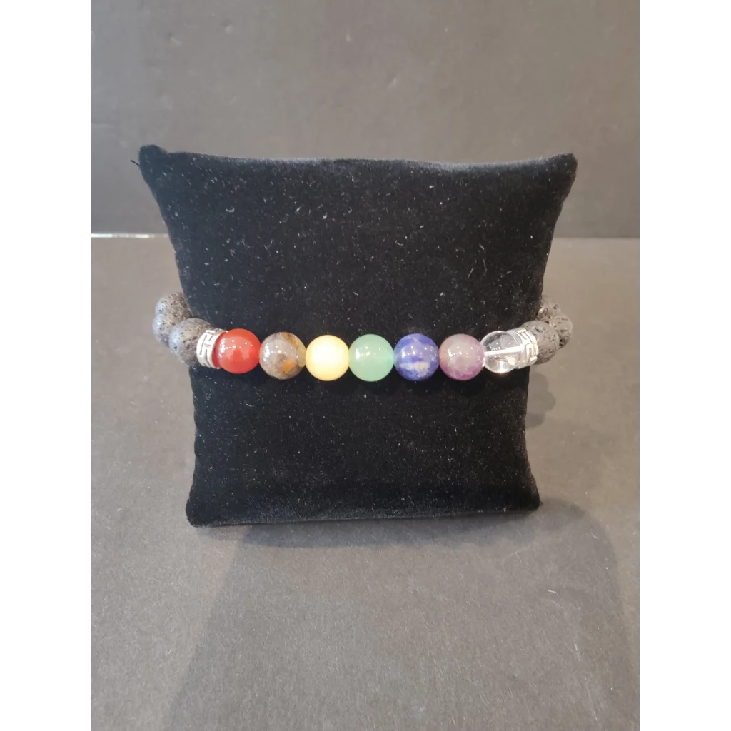 Colorful 7-chakra beaded stone bracelet with 8mm gemstones and lava rocks