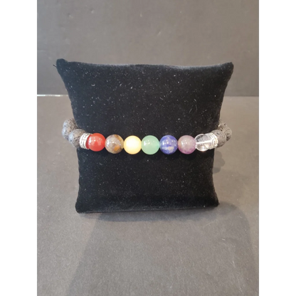 Colorful 7-chakra beaded stone bracelet with 8mm gemstones and lava rocks