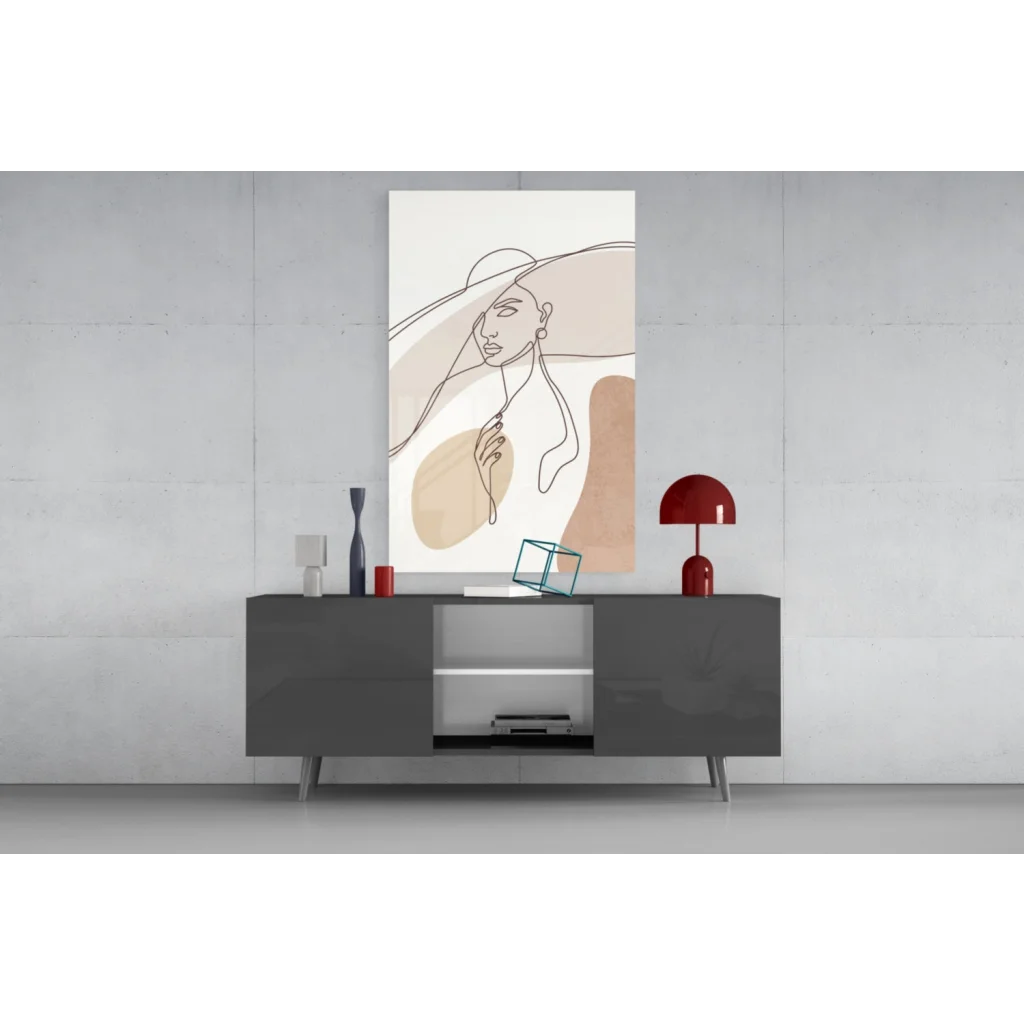 Modern gray sideboard with sleek legs under minimalist wall art print