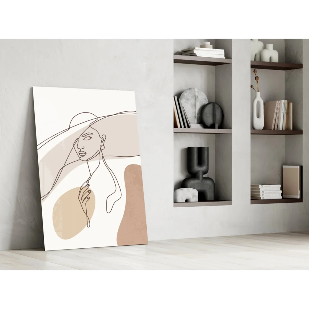 Beige minimalist wall art print of womans face with flowing black lines on canvas