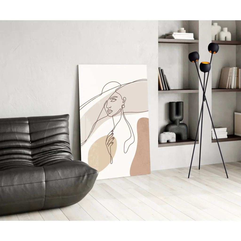 Beige brown abstract wall art print of womans face in black frame