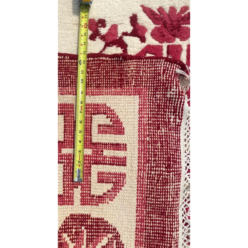Stunning beige Chinese art deco wool rug with red florals and tape measure