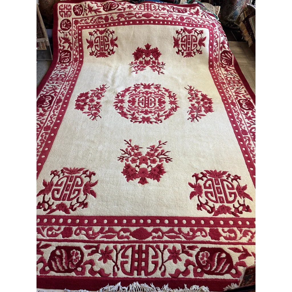 Beige Chinese Art Deco rug, room-size view, bold red florals on warm beige ground, hand-knotted