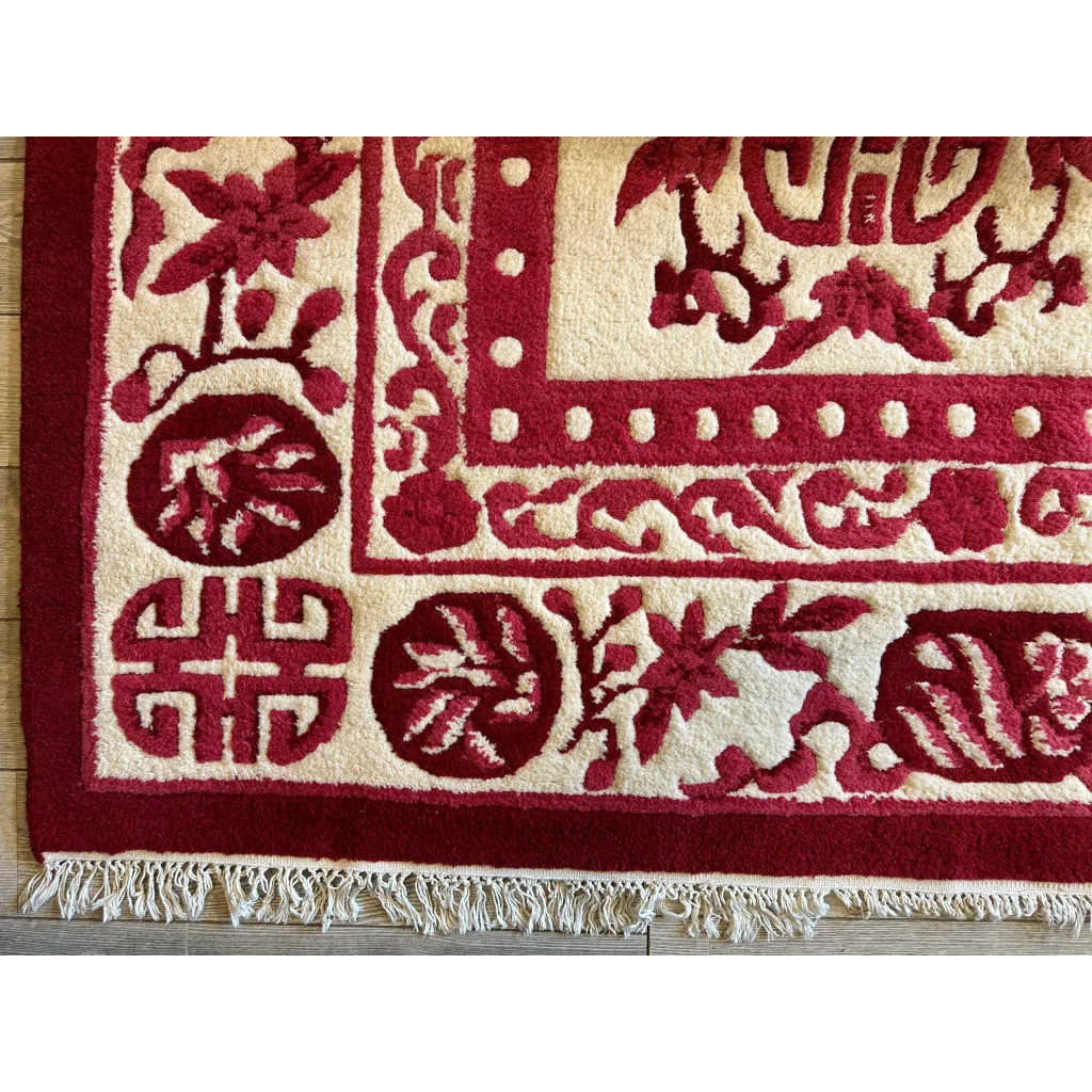 Stunning beige Chinese art deco wool rug with red florals