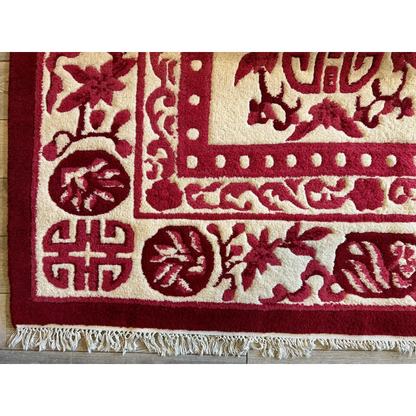 Stunning beige Chinese art deco wool rug with red florals