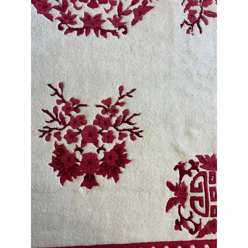 Stunning beige Chinese art deco wool rug with red floral embroidery