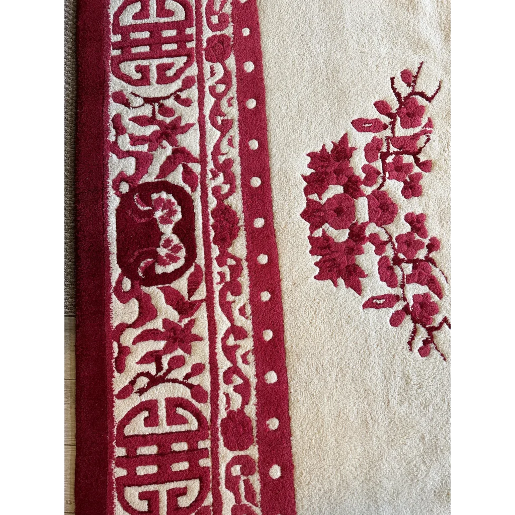 Stunning beige Chinese art deco wool rug with red floral motifs