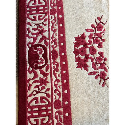 Stunning beige Chinese art deco wool rug with red floral motifs