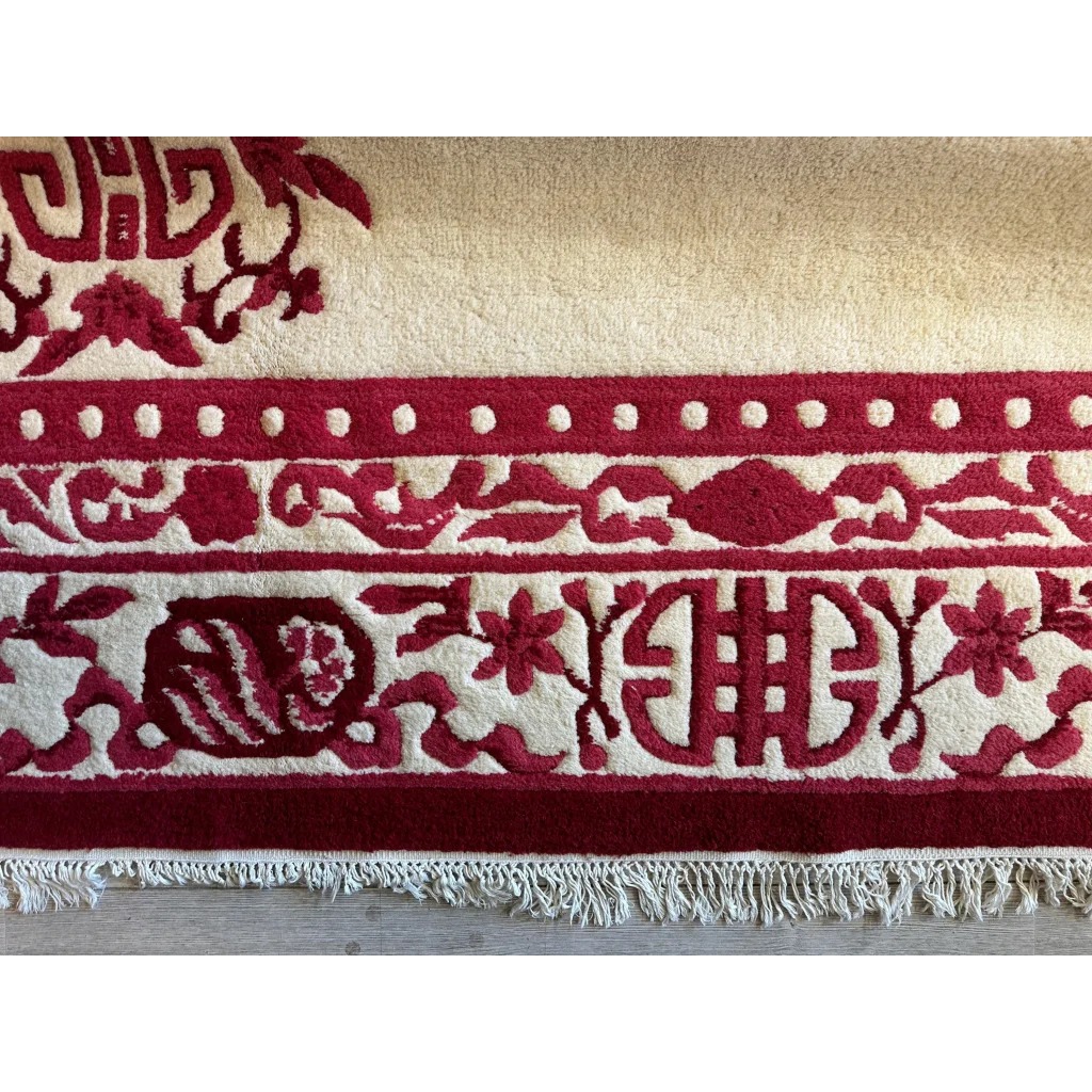 Stunning beige Chinese art deco wool rug with red floral patterns