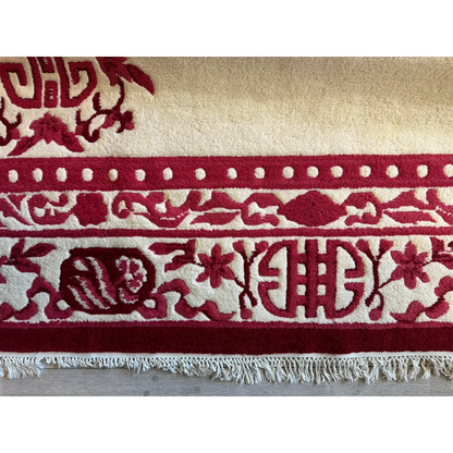 Stunning beige Chinese art deco wool rug with red floral patterns